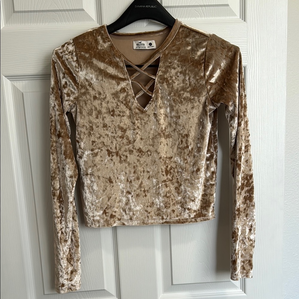 Tan Gold Crushed Velvet Crop Top with Cut Out Vneck Long Sleeves